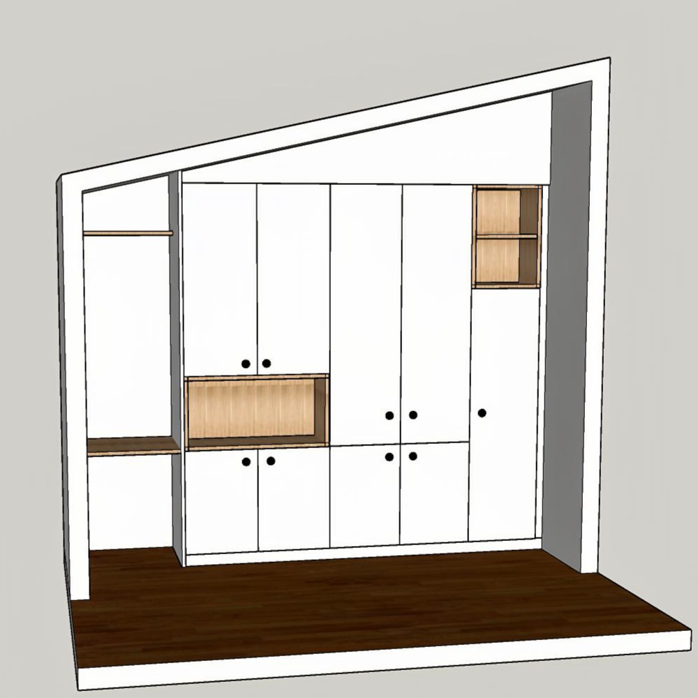 Maquette 3D de l’aménagement d’une salle de réunion avec rangements blancs et niches en bois.