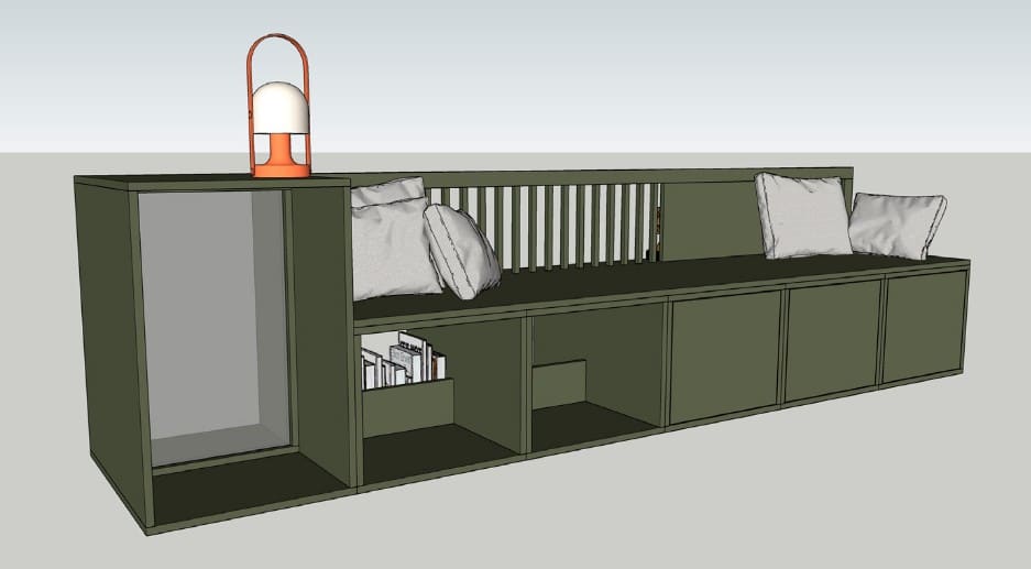 Dessin de principe du meuble garde‑corps réalisé par le cabinet Beavers Design, base du projet sur mesure – Atelier Pime