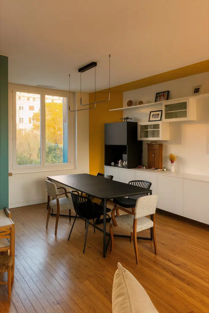 Aménagement de salon sur mesure avec rangements bas, meuble à café noir et étagères flottantes en MDF laqué